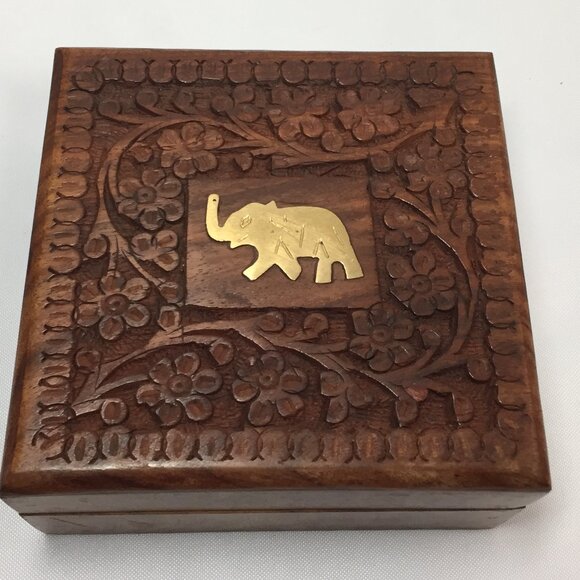 The Unbranded Brand Other - Vintage Carved Wood Box with Brass Elephant Inlay Trinket Container